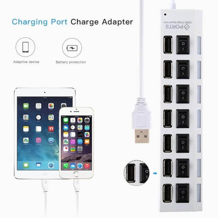 7-Port USB 2.0 Hub with Switch and LED Indicators for Device Expansion showing white hub with individual switches, LED indicators and connected phone and tablet