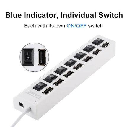 7-Port USB 2.0 Hub with Switch and LED Indicators for Device Expansion showing white hub with individual on/off switches and blue LED indicators