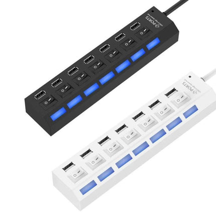 7-Port USB 2.0 Hub with Switch and LED Indicators for Device Expansion, black and white models showing individual switches and blue LED lights