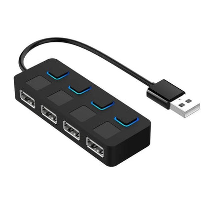 USB Hub with 4 Switched Ports for Easy Device Connections - compact black USB 2.0 hub with four individually switched ports and short cable