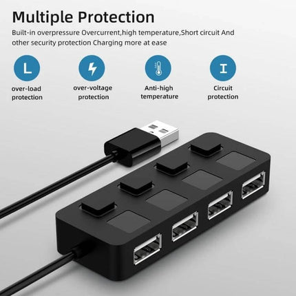 USB Hub with 4 Switched Ports for Easy Device Connections - black USB 2.0 hub showing four switched ports, USB plug and protection icons