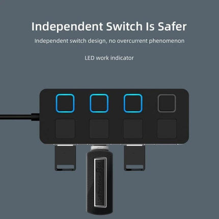USB Hub with 4 Switched Ports for Easy Device Connections showing independent LED-switched ports and connected USB devices