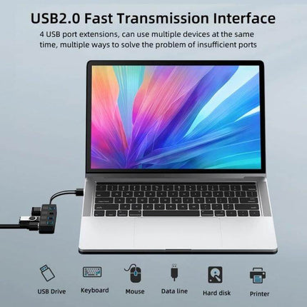 USB Hub with 4 Switched Ports for Easy Device Connections plugged into laptop showing multiple devices (mouse, keyboard, USB drive)
