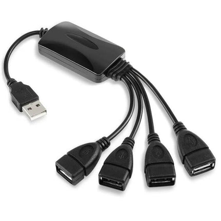 Universal Four-Port USB Hub for Connecting Computer Devices compact black hub with single USB-A plug and four female USB ports for peripherals