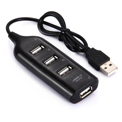 USB Hub with Four Ports for Connecting Devices Easily - black USB 2.0 hub showing four ports and USB-A cable