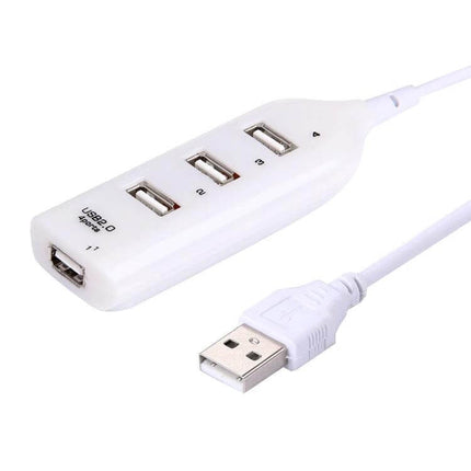 USB Hub with Four Ports for Connecting Devices Easily – white USB 2.0 hub showing four ports and cable, ideal for laptops, mouse, keyboard, drives