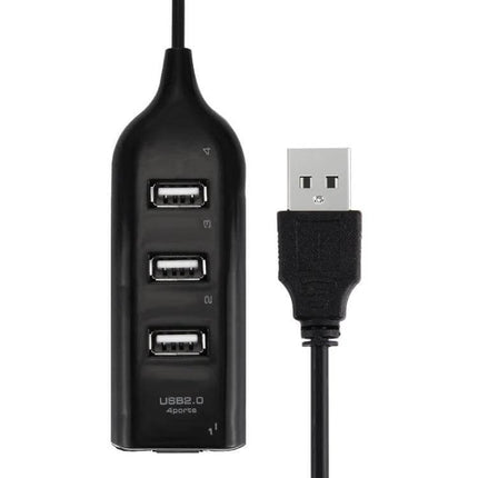 USB Hub with Four Ports for Connecting Devices Easily — compact black USB 2.0 hub with four ports for mouse, keyboard, drives