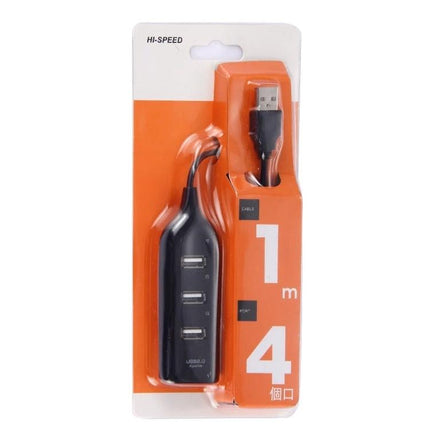 USB Hub with Four Ports for Connecting Devices Easily - compact black USB 2.0 hub in orange retail packaging