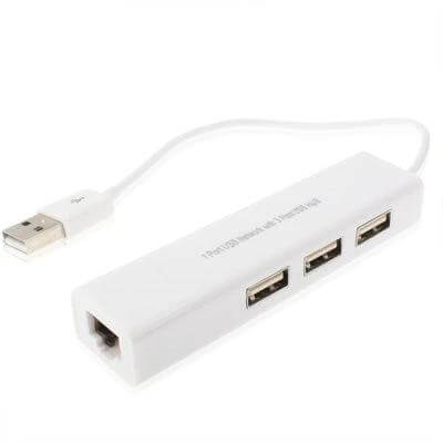 USB 3-Port Hub with Ethernet Adapter for Network Connectivity compact white hub with three USB ports and RJ45 jack