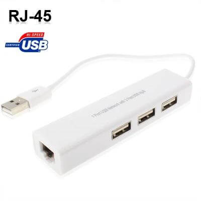 USB 3-Port Hub with Ethernet Adapter for Network Connectivity — compact white USB hub with three ports and RJ-45 Ethernet for traveling laptops