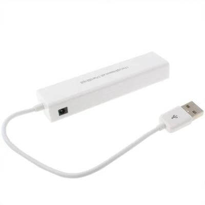 USB 3-Port Hub with Ethernet Adapter for Network Connectivity — compact white USB hub with Ethernet port and cable for travel and laptop use