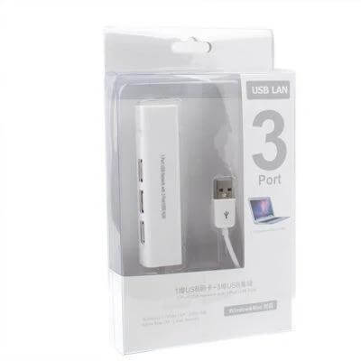 USB 3-Port Hub with Ethernet Adapter for Network Connectivity compact white hub in retail packaging showing three USB ports and USB cable