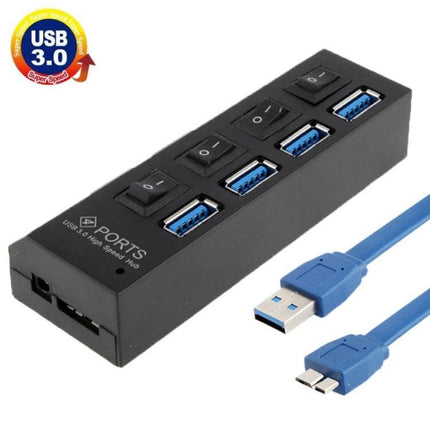 Compact 4-Port USB 3.0 Hub for Easy Device Connections - black USB 3.0 hub with four individually switched ports and blue USB cables