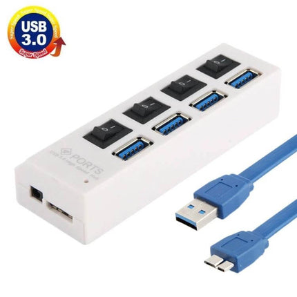 Compact 4-Port USB 3.0 Hub for Easy Device Connections — white hub with four individual switches and blue USB 3.0 cable, ideal for laptops