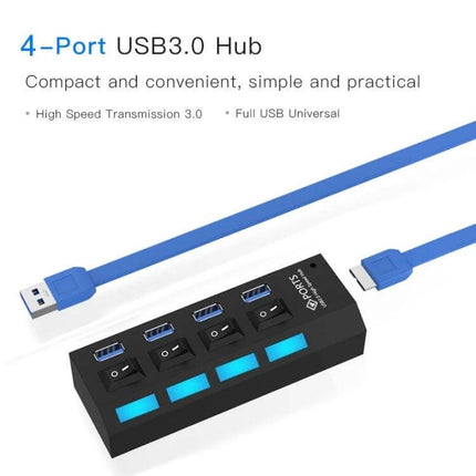 Compact 4-Port USB 3.0 Hub for Easy Device Connections – black USB 3.0 hub with four ports and individual switches, blue cable for laptop workspace organization