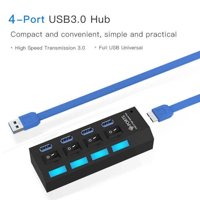 Compact 4-Port USB 3.0 Hub for Easy Device Connections – black USB 3.0 hub with four ports and individual switches, blue cable for laptop workspace organization