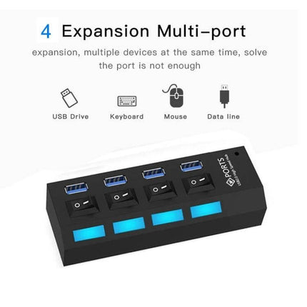 Compact 4-Port USB 3.0 Hub for Easy Device Connections - black rectangular hub with four blue USB 3.0 ports and individual power switches, shown with USB drive, keyboard, mouse