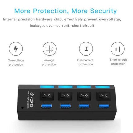 Compact 4-Port USB 3.0 Hub for Easy Device Connections - black hub with four USB 3.0 ports and individual power switches, overvoltage and short-circuit protection