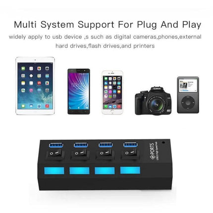 Compact 4-Port USB 3.0 Hub for Easy Device Connections - black desktop hub with four blue-lit USB ports connecting tablet, phones, camera, and media player