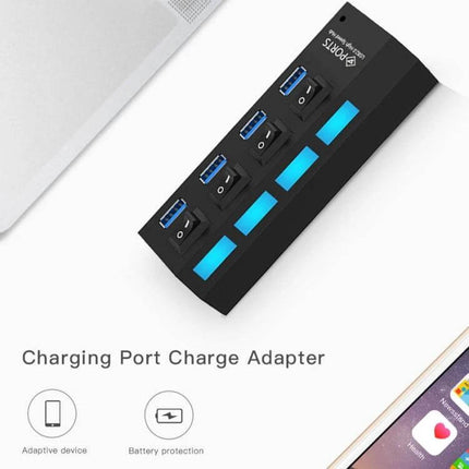 Compact 4-Port USB 3.0 Hub for Easy Device Connections - black desktop USB hub with four blue-lit ports managing laptop and phone peripherals