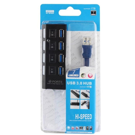 Compact 4-Port USB 3.0 Hub for Easy Device Connections - black hub in retail packaging with four blue USB 3.0 ports and cable