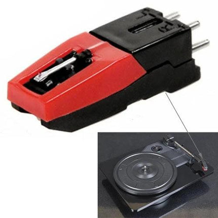 Replacement Stereo Stylus Needle for Vinyl Turntables red replacement stylus needle shown with turntable