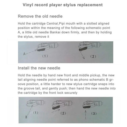 Replacement Stereo Stylus Needle for Vinyl Turntables shown with step-by-step removal and installation diagrams