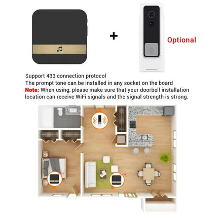 Black Wireless Doorbell Receiver with 52 Chimes for Home Entry
