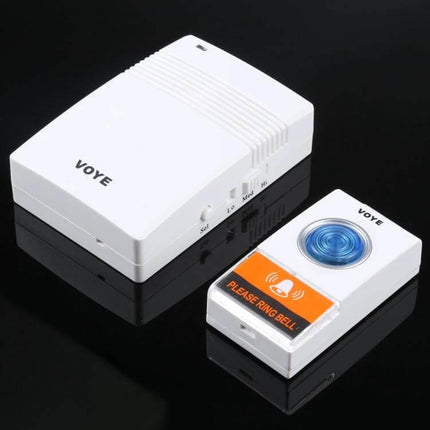 VOYE Wireless Doorbell for Home Entry Notifications with Custom Sounds white wireless chime and push button on black background
