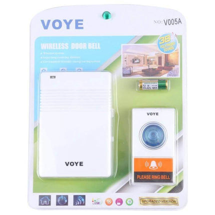 VOYE Wireless Doorbell for Home Entry Notifications with Custom Sounds in retail packaging showing receiver and push button