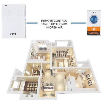 VOYE Wireless Doorbell for Home Entry Notifications with Custom Sounds shown with range diagram over a home floorplan