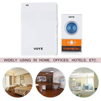 VOYE Wireless Doorbell for Home Entry Notifications with Custom Sounds - white wireless doorbell kit with chime and push button