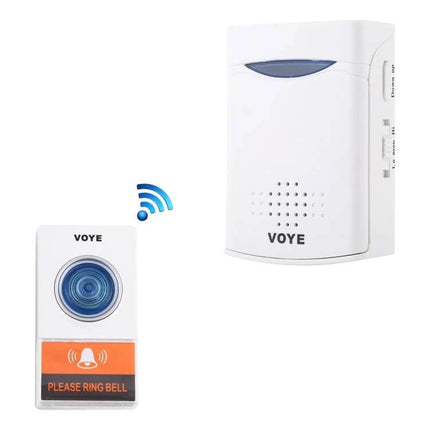 Voyé Wireless Doorbell for Home with Multiple Chime Options white transmitter and receiver set showing wireless icon and please ring bell label