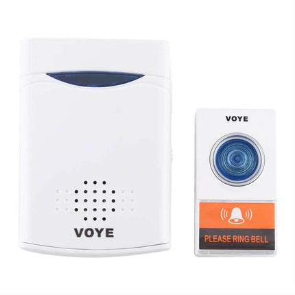 Voyé Wireless Doorbell for Home with Multiple Chime Options showing white receiver and transmitter with blue button and "Please Ring Bell" label