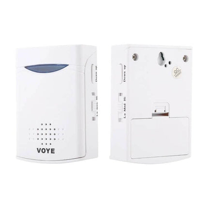 Voyé Wireless Doorbell for Home with Multiple Chime Options front and back white receiver unit showing speaker and wall-mount