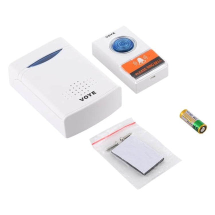 Voyé Wireless Doorbell for Home with Multiple Chime Options showing white transmitter, receiver, mounting kit and battery