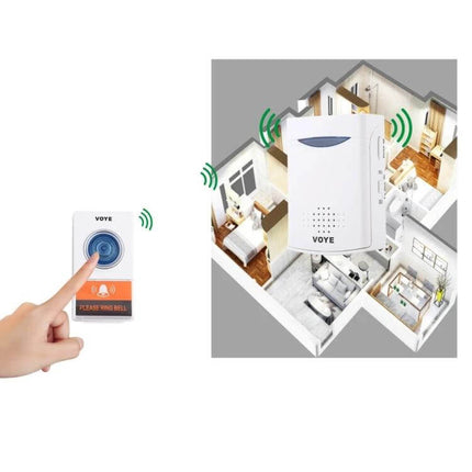 Voyé Wireless Doorbell for Home with Multiple Chime Options showing transmitter button and indoor receiver with wireless range