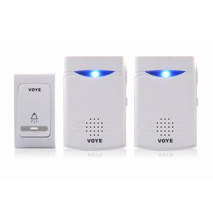 VoyE Wireless Chime Door Bell with Double Receiver showing door push button and two wireless receivers with blue LED lights