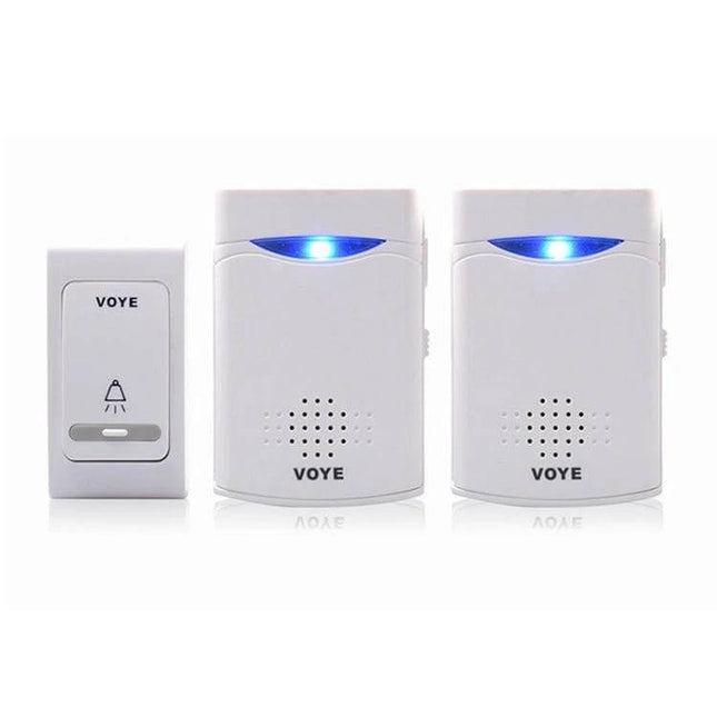 VoyE Wireless Chime Door Bell with Double Receiver showing door push button and two wireless receivers with blue LED lights