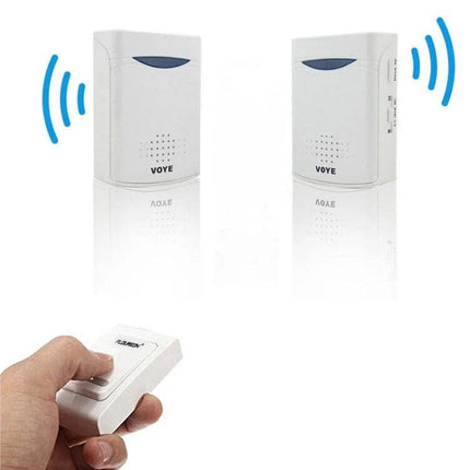 VoyE Wireless Chime Door Bell with Double Receiver showing two white receivers and handheld transmitter for wireless home installation