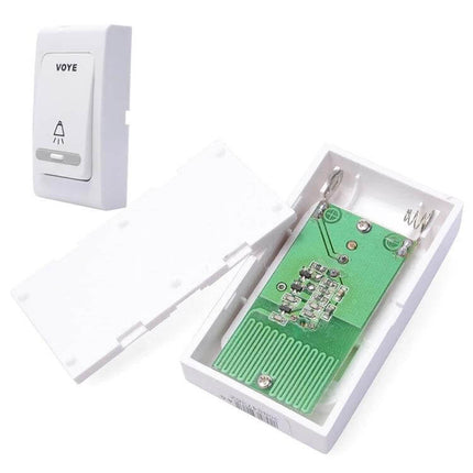 VoyE Wireless Chime Door Bell with Double Receiver white wireless push button and open receiver showing circuit board