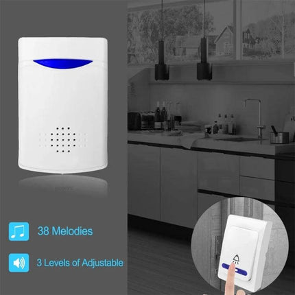 VoyE Wireless Chime Door Bell with Double Receiver white plug-in chime and push button showing kitchen placement