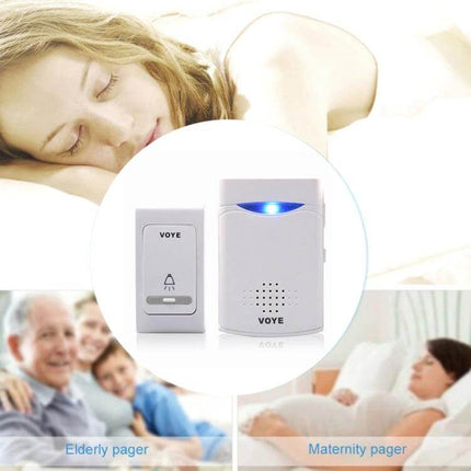 VoyE Wireless Chime Door Bell with Double Receiver showing wireless push button and dual indoor receivers for home, elderly and maternity use