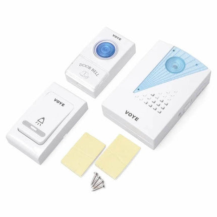 Voye Wireless Doorbell with Two Remote Controls for Home Entry - white wireless doorbell kit with two remotes, receiver and mounting pads
