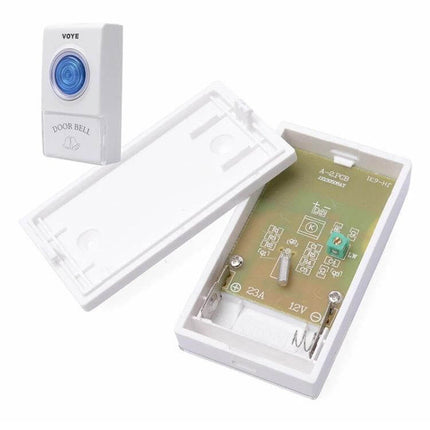 Voye Wireless Doorbell with Two Remote Controls for Home Entry white wireless doorbell unit showing button and internal circuit board