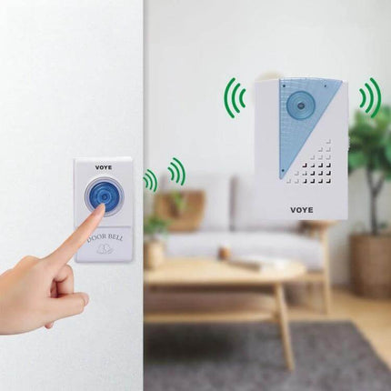 Voye Wireless Doorbell with Two Remote Controls for Home Entry - wireless doorbell set with push button and receiver in living room