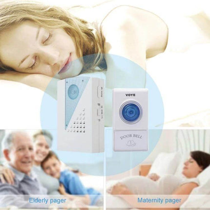 Voye Wireless Doorbell with Two Remote Controls for Home Entry shown near sleeping mother and elderly family for quiet alerts