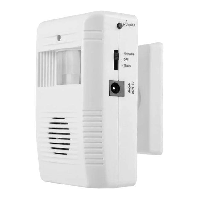 Electronic Infrared Sensor Doorbell for Guest Detection at Home mounted near entrance, white motion-activated door chime unit