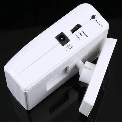 Electronic Infrared Sensor Doorbell for Guest Detection at Home white wall-mounted infrared sensor unit showing DC jack and switch