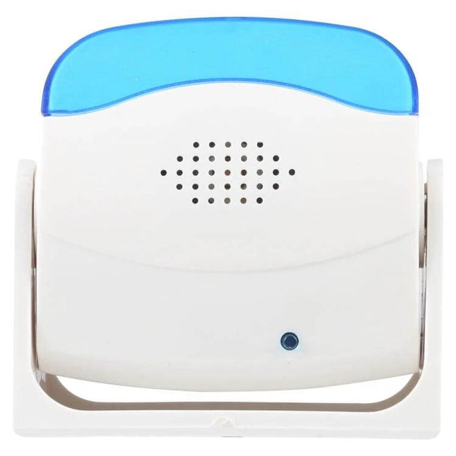 Easy-to-Use Wireless Doorbell for Homes and Businesses white and blue compact indoor receiver with sensor and speaker